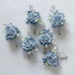 MAFELOE Wrist Corsage and Boutonniere Set Artificial Rose Flowers Blue