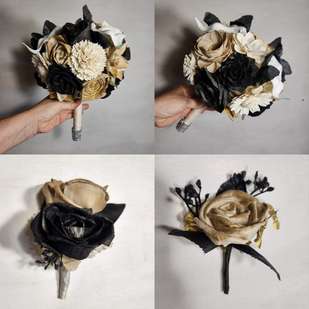 Champagne Gold Ivory Black Rose Calla Lily Sola Wood Bridal Wedding Bouquet Acce