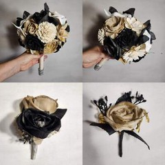 Champagne Gold Ivory Black Rose Calla Lily Sola Wood Bridal Wedding Bouquet Acce