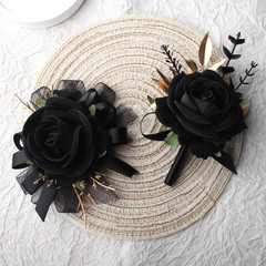 Rose Wrist Corsage and Boutonniere Set for Weddings and Events (Black)