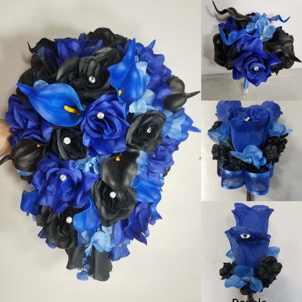 Royal Blue Black Rose Calla Lily Bridal Wedding Bouquet Accessories