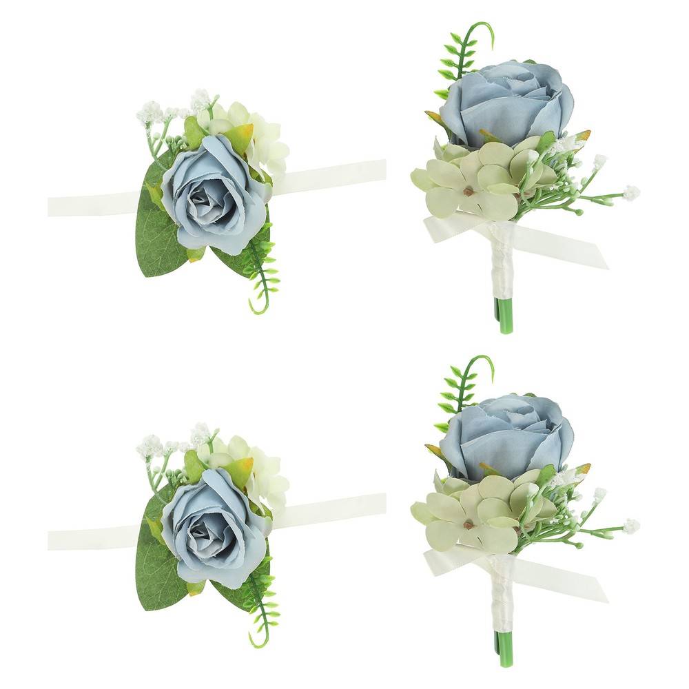 4 Pcs Artificial Rose Wrist Corsage and Boutonnieres Set Wedding Gray