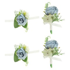 4 Pcs Artificial Rose Wrist Corsage and Boutonnieres Set Wedding Gray