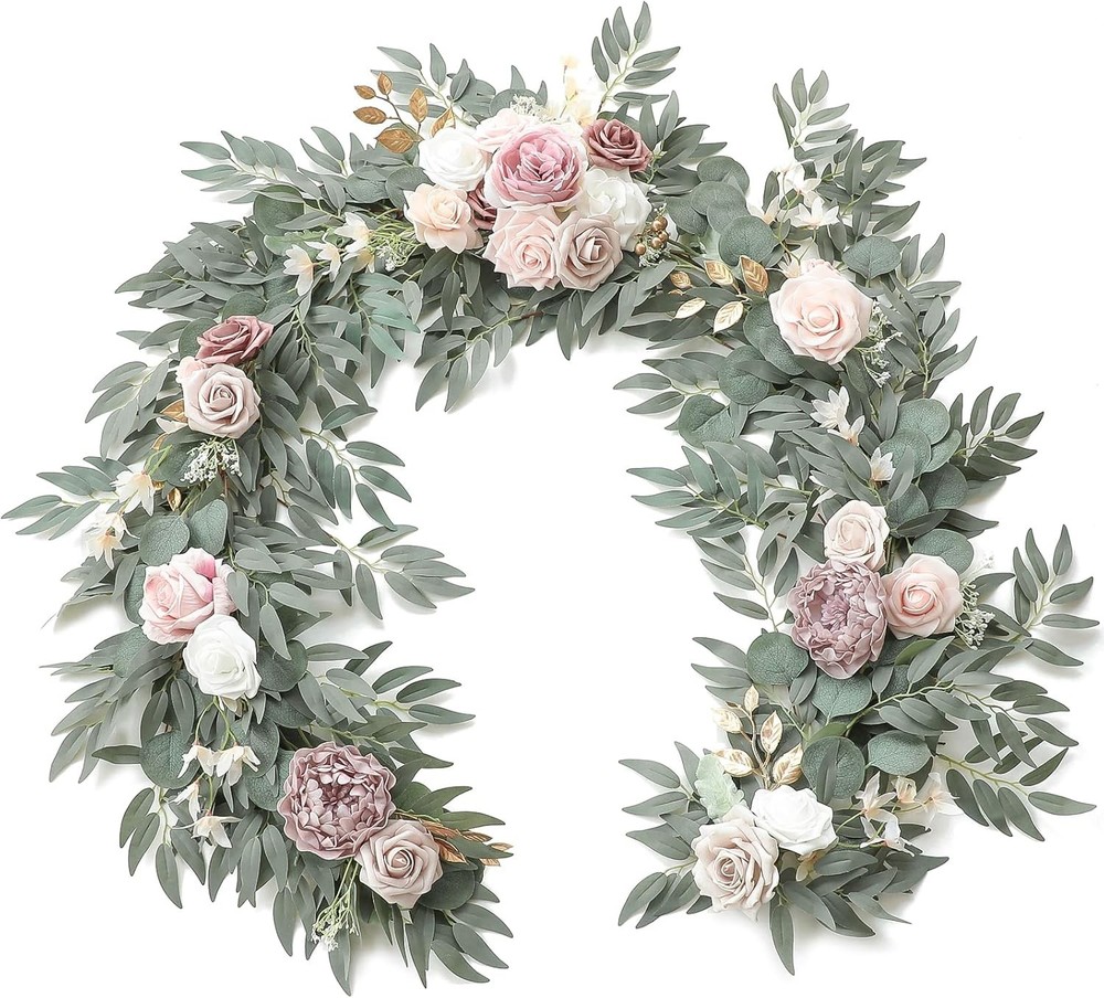 Ling’s Moment Artificial Eucalyptus Garland with Flowers 6FT, Wedding Table G…