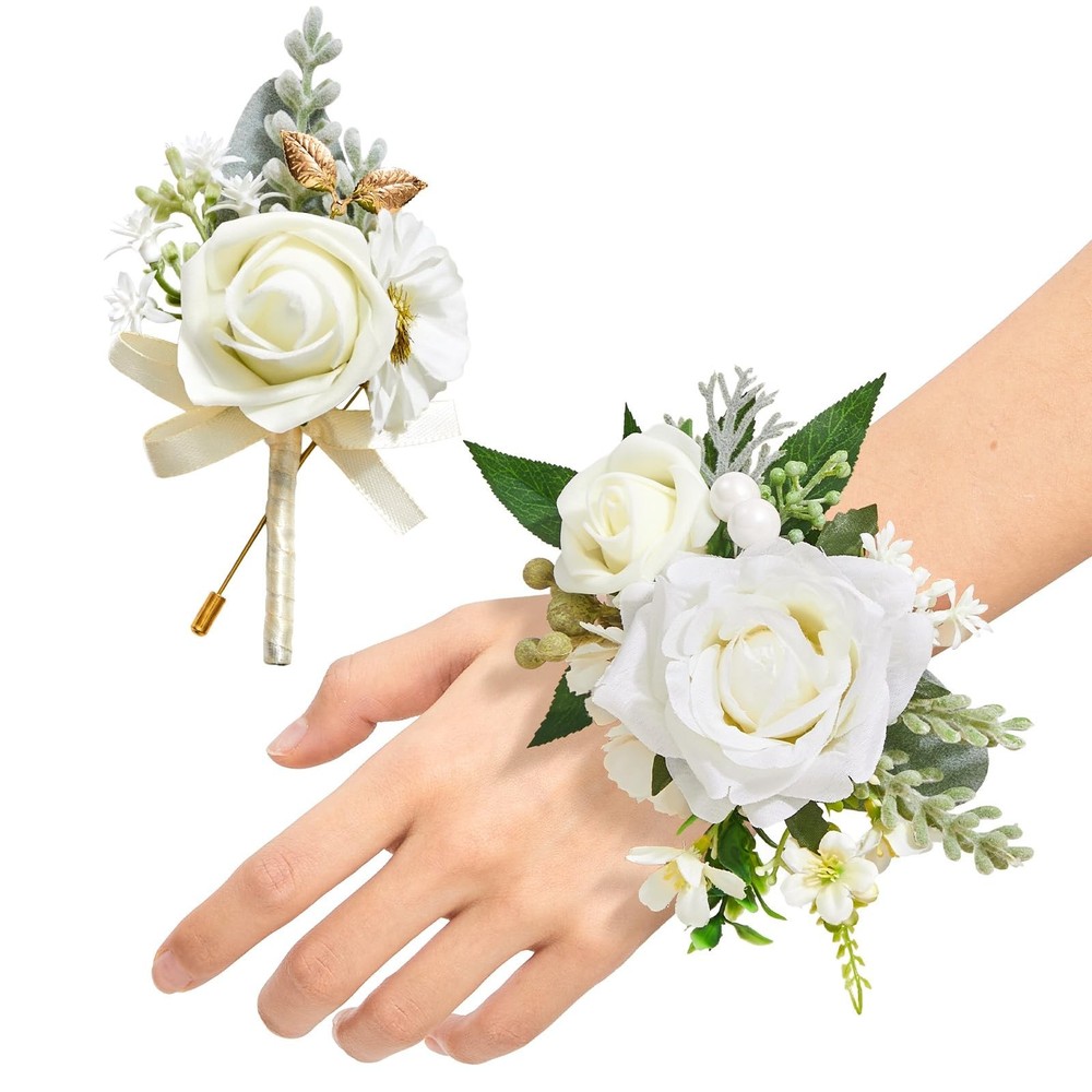 Elegant White Rose Corsage & Boutonniere Set – Perfect for Prom, Wedding, Homeco