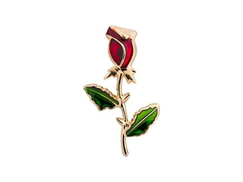 Men’s Red Rose Stem With Green Leaves Lapel Pin/Brooch Golden