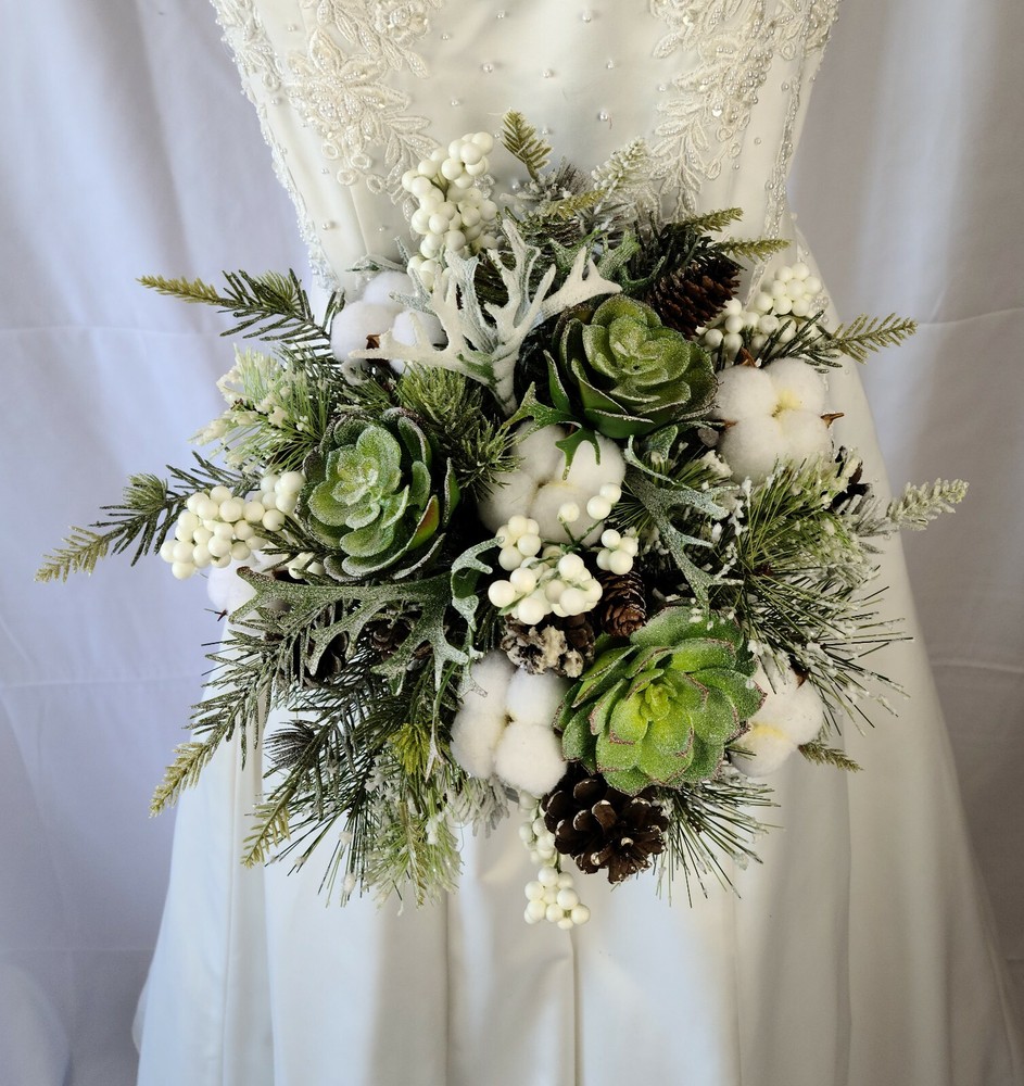 Frosted Winter Succulent Silk Wedding Bouquet