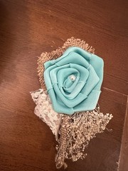 Beautiful Handmade Bridal Bouquet &Boutonnière Set W/Spa Blue Satin, Burlap&Lace