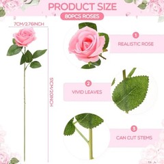 80 Pcs Rose Artificial Flowers Bulk with Long Stem, Silk Roses Realistic Pink