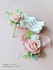 Corsage and Boutonniere Set with Pink Roses for Bride, Groom, Bridesmaids Grooms
