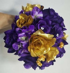 Purple White Gold Rose Bridal Wedding Bouquet Accessories