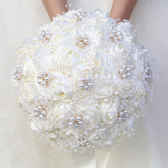 Ivory Handmade Bridal Bouquet with Rhinestones & Satin Roses – 8.7 In