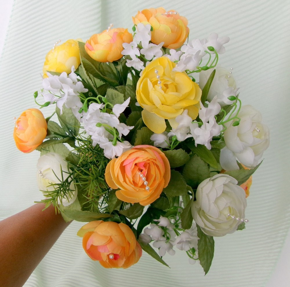Wedding bouquet ranunculus artificial white yellow light orange mens corsages