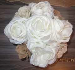 Burlap Roses & White Silk Rose Handmade Arrangement in Metallic Pot