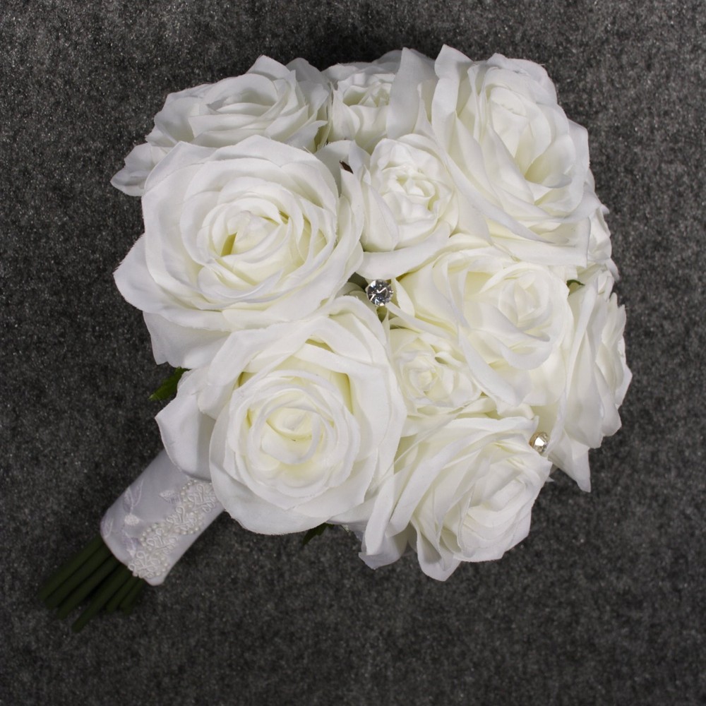 Hand Tied Rose Wedding Bouquet 13″ Wedding Flowers 00243702 Natural White