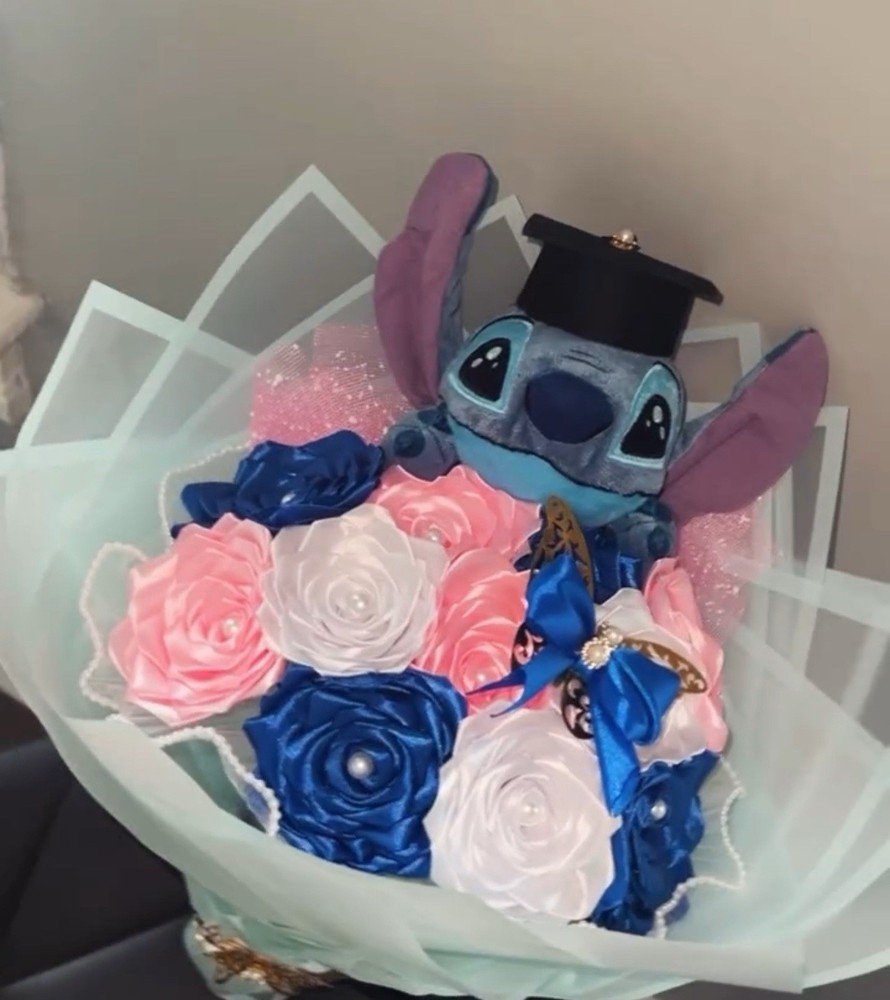 Stitch Ribbon Rose Bouquet Pink Blue Flowers