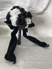 Wedding Bouquet Set, Black & White Roses, Black Velvet Bows, 21 Pc Flowers
