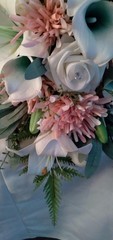 Pink, Mint Green, White Bouquet and Boutonniere, Wedding 2pc Set