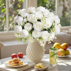 White Artificial Flowers Bouquet – 12 Bundles – Lifelike Silk Fake Peonies