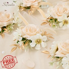 Serwalin 6pc Champagne Wrist Corsage Artificial Roses Wedding Prom Party