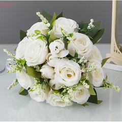 Bridal Wedding Bouquet White Silk Roses Artificial Flowers For Bridesmaid Gift