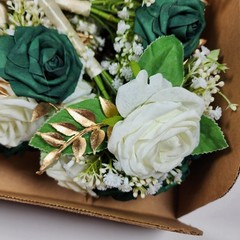 Elegant 7″ Bridesmaid Bouquets Set of 6 – Emerald White Roses Gold Accents