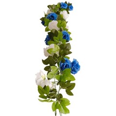 2 WHITE ROYAL BLUE 7 ft long Silk Rose Wedding Garland Leaves Bendable Wire