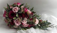 Cascading Wedding Bouquet Hot Pink Dusty Pink Roses Berry Flower Eucalyptus Gum