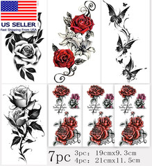 7Pcs Red Temporary Rose Flower Arm & Leg Tattoo Stickers, Sexy Stripper Chest &