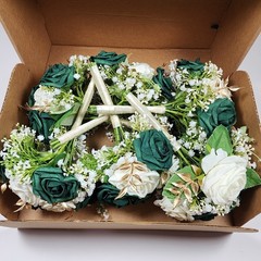 Elegant 7″ Bridesmaid Bouquets Set of 6 – Emerald White Roses Gold Accents
