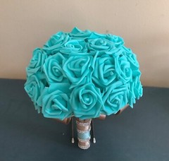 Large teal blue bridal bouquet with real touch roses