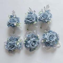 MAFELOE Wrist Corsage and Boutonniere Set Artificial Rose Flowers Blue