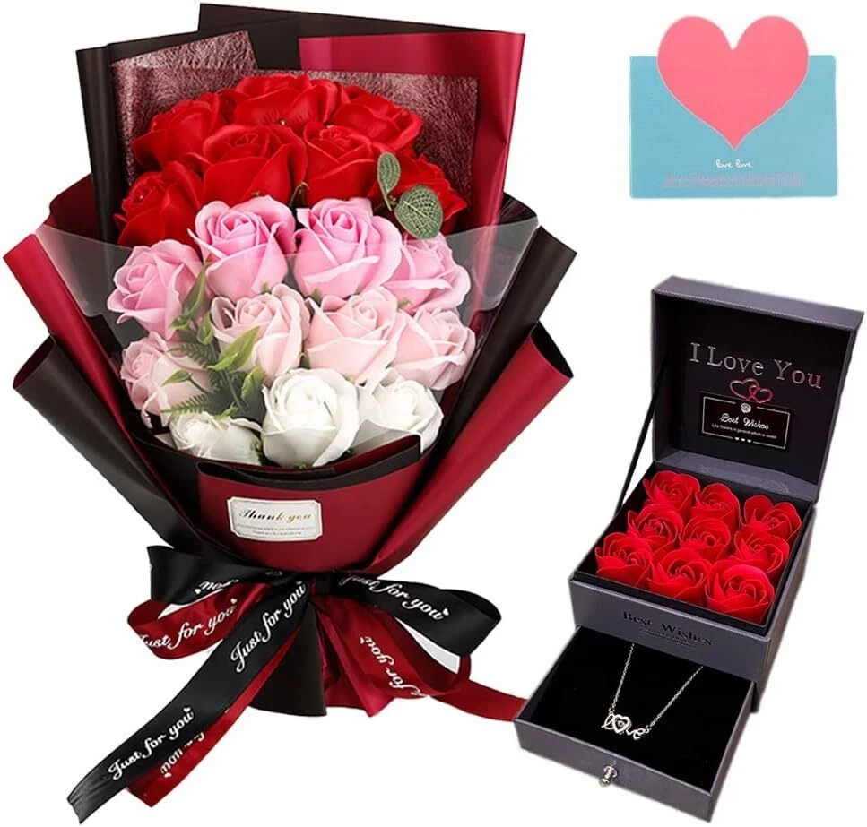 Preserved Red Rose Flowers with Love Necklace Gifts for Women Mom Birthday Prom