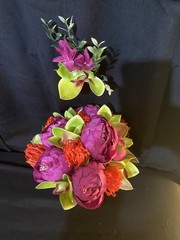 wedding bouquet bridal artificial silk flowers, Mauve, orange and green.