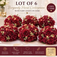 Lot of 6 Burgundy Rose Hydrangea Wedding Centerpieces Faux Floral Fairy Lights
