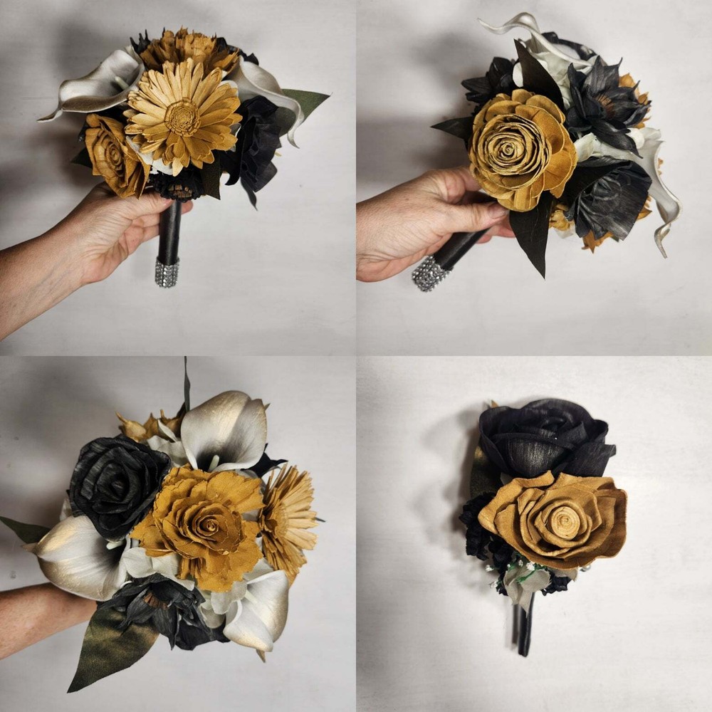 Gold Black Rose Calla Lily Sola Wood Bridal Wedding Bouquet Accessories