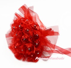 Hot Red Crystal Rhinestone Roses Flower Girl Wedding Bridal Corsage Bouquet