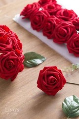 Ling’s Moment Artificial Flowers 50Pcs Crimson Red Roses Decor w/Stems,3″ Rea…