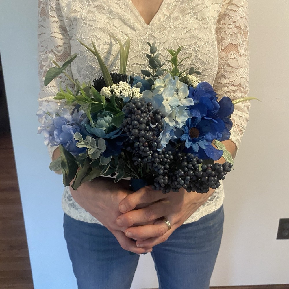 Bridal Wedding Bouquet Beautiful Budget Handmade Faux Flowers White Blue Green