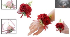 Elegant 2PCS Handmade Red Rose Wrist Corsage & Boutonniere Set for Weddings