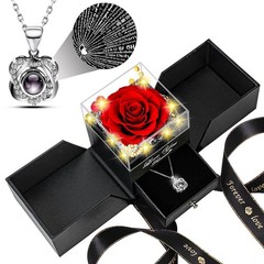 Lebana Preserved Red Real Rose with Heart I Love You Necklace 100 inches,