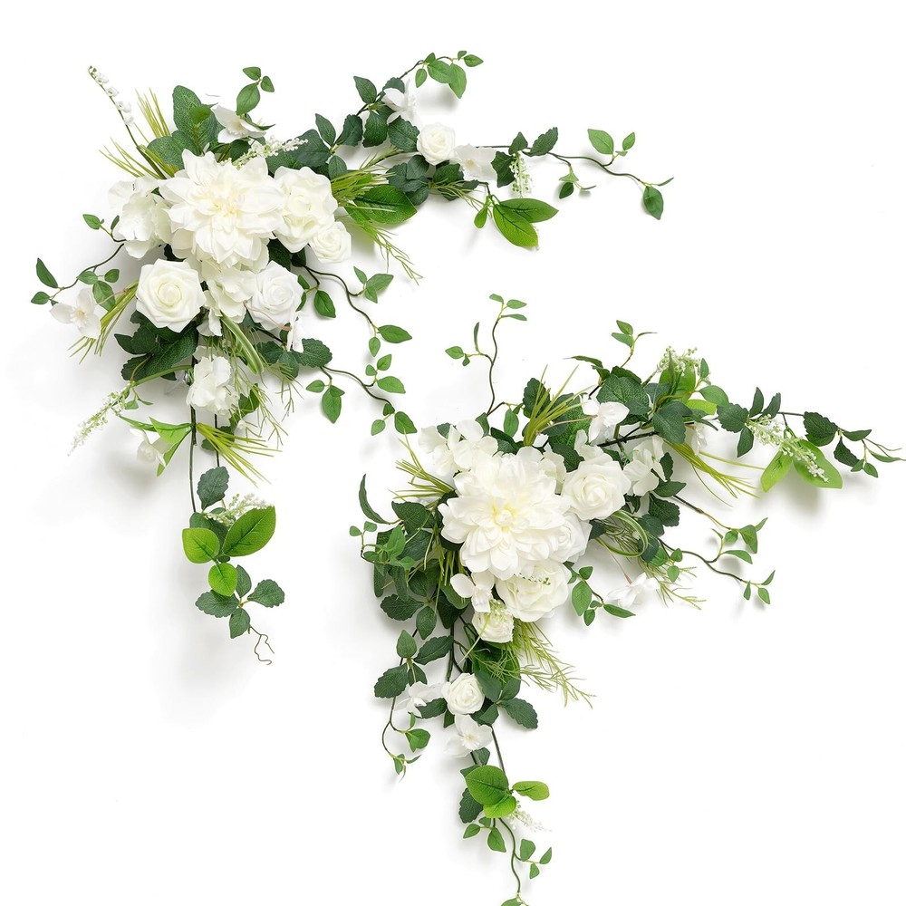 Ling’s Moment 2PCS White & Green Artificial Floral Swags Table Centerpieces W…