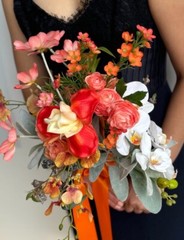 Orange Flower Fields faux wedding bouquet w. orchid, ranunculus, rose, daisy