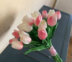 24 stems pink/white and white tulip bridal bouquet