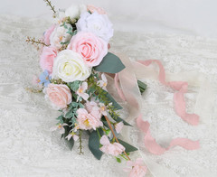 Blush Pink Wedding Bouquets for Bride,10 Inch Fake Cascading Bridal Bouquet Silk