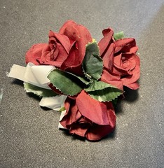 Vintage 1980s Silk Wrist Corsage Burgundy Double Rose White Ribbon, 5” FREE SHIP