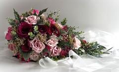 Cascading Wedding Bouquet Hot Pink Dusty Pink Roses Berry Flower Eucalyptus Gum