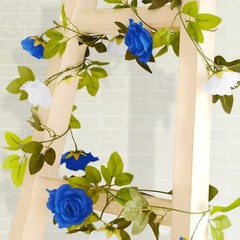 2 WHITE ROYAL BLUE 7 ft long Silk Rose Wedding Garland Leaves Bendable Wire
