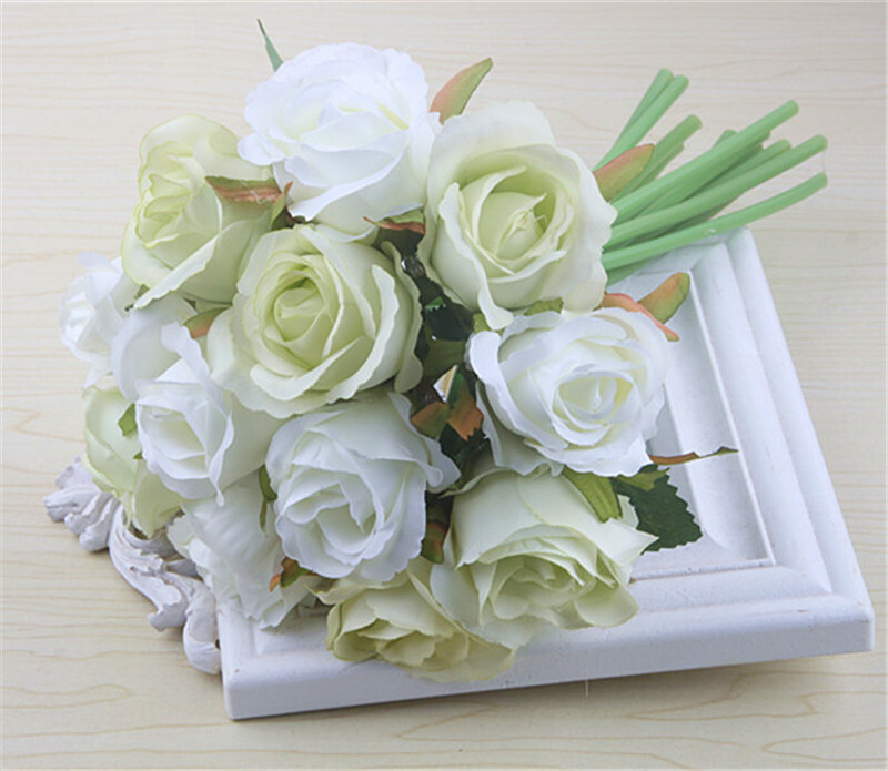 12Heads Rose Flowers Wedding Bouquet Silk Floral Artificial Flowers Home Decor