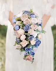 Pink Dusty Blue Rose Cascade Bridal Bouquet Eucalyptus Sola Wood Wedding Flowers